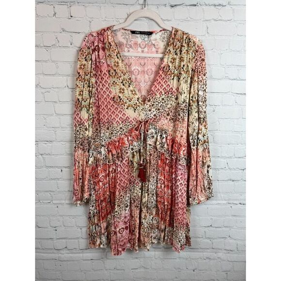 ZARA boho frill tasseled pink beige floral relaxed viscose tunic dress M NWOT - Picture 1 of 9